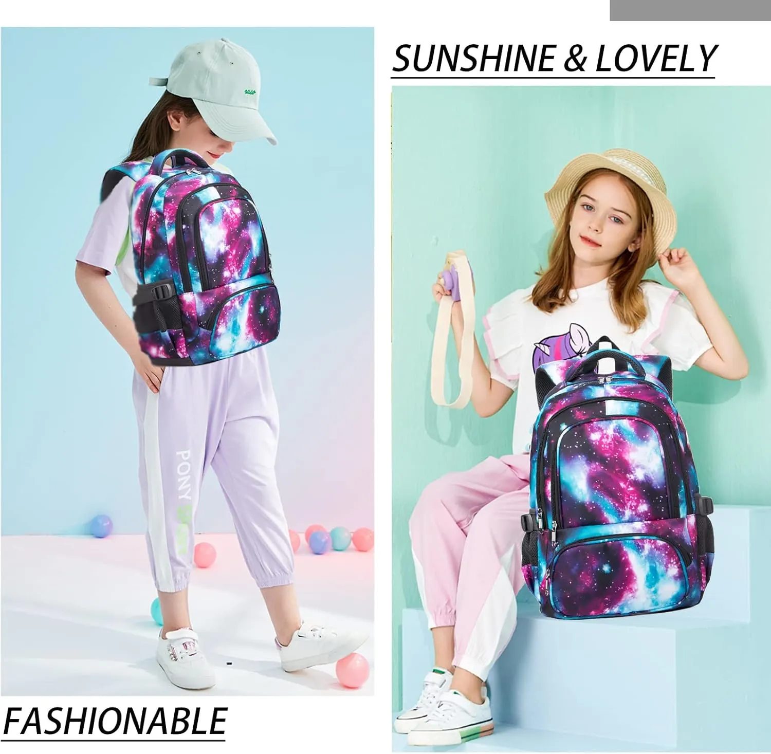 BLUEFAIRY Kids Backpack for Girls Elementary Middle School Bags Primary School Bookbags Child Back to School Gifts with Tablet Sleeve Large Compartment Mochila para Niñas 17" Aged 8-10 Galaxy Purple