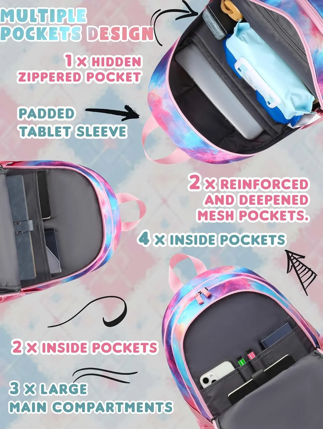 BLUEFAIRY Pink Galaxy Book Bag for Teens Girls Backpack for Middle High School Bag XL Teenagers Bookbag Casual Daypack Large Compartment Mochilas para Niñas Adolescentes 18"