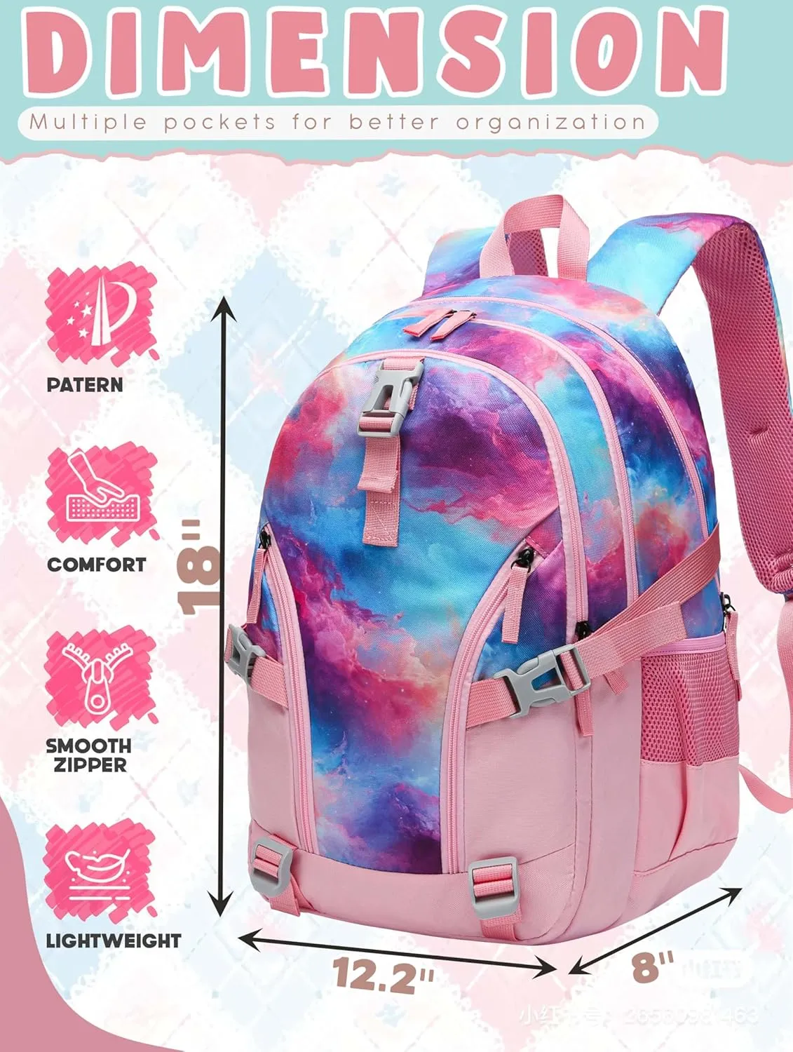 BLUEFAIRY Pink Galaxy Book Bag for Teens Girls Backpack for Middle High School Bag XL Teenagers Bookbag Casual Daypack Large Compartment Mochilas para Niñas Adolescentes 18"