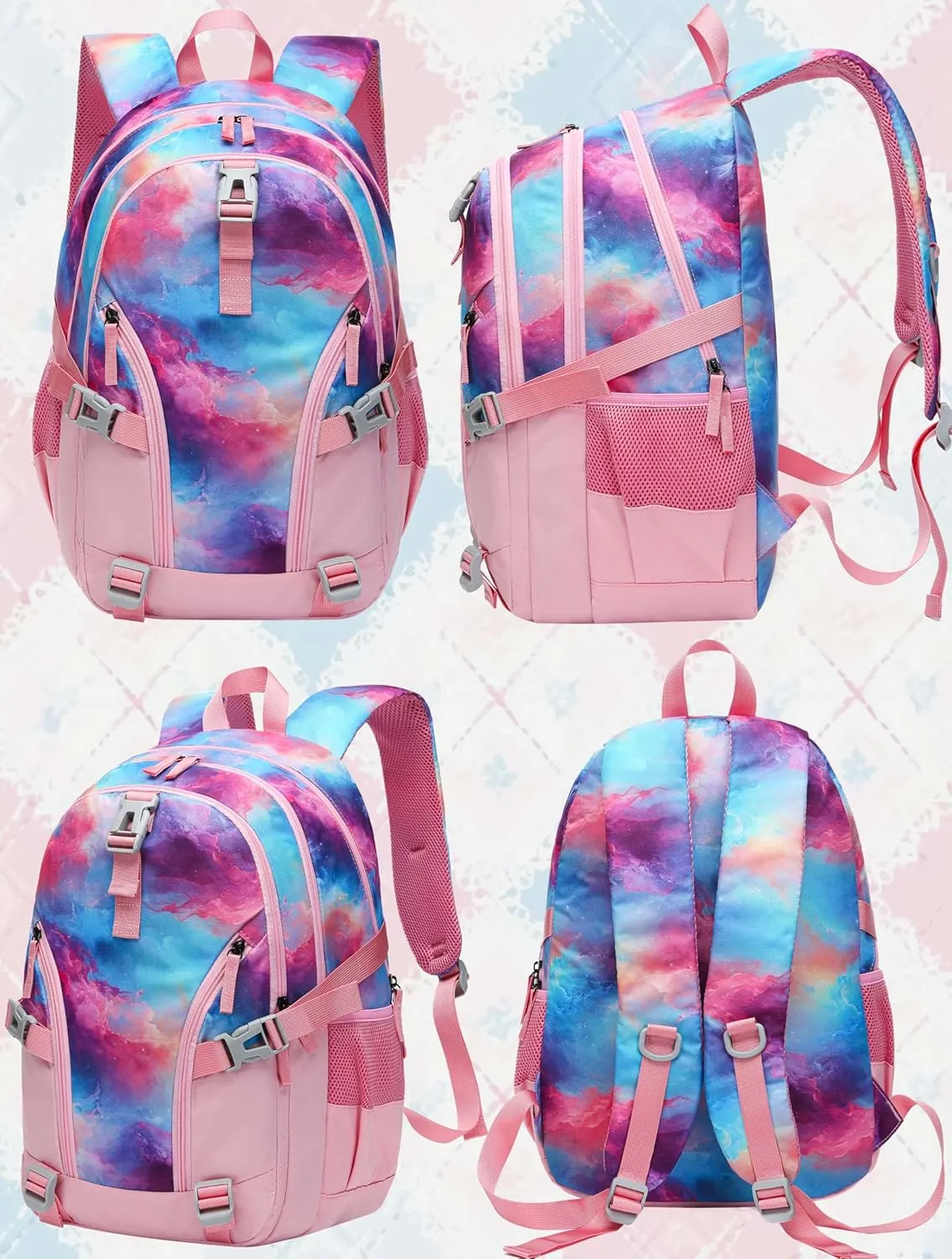 BLUEFAIRY Pink Galaxy Book Bag for Teens Girls Backpack for Middle High School Bag XL Teenagers Bookbag Casual Daypack Large Compartment Mochilas para Niñas Adolescentes 18"