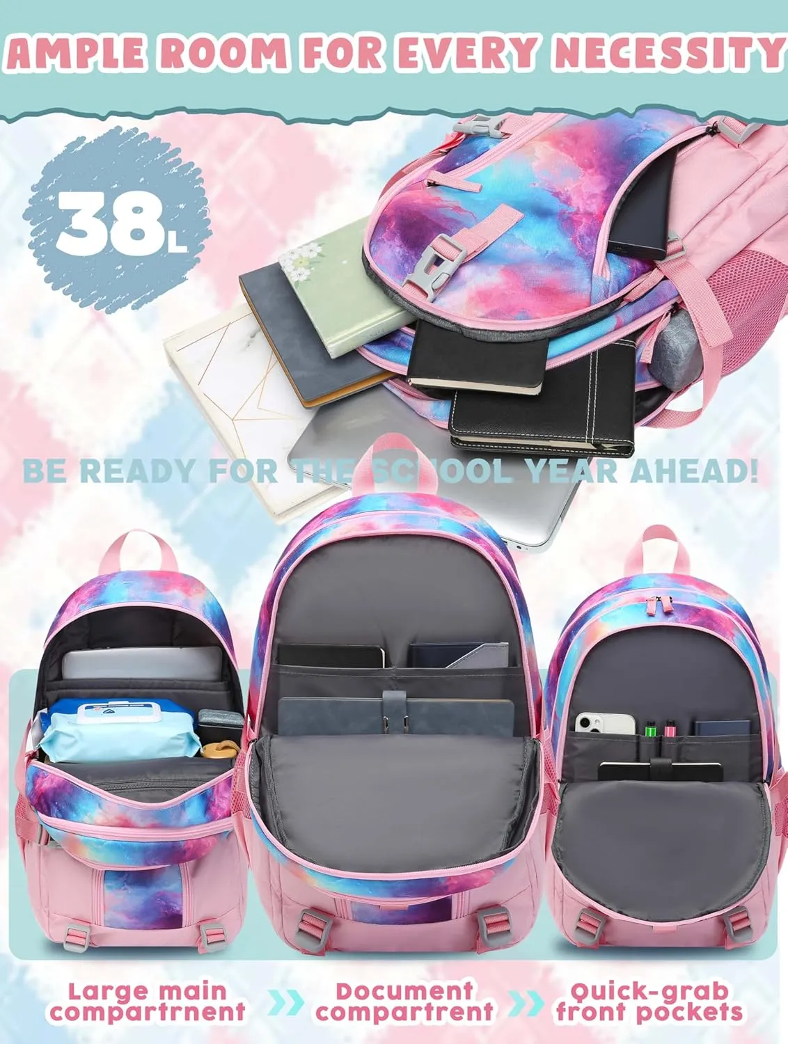 BLUEFAIRY Pink Galaxy Book Bag for Teens Girls Backpack for Middle High School Bag XL Teenagers Bookbag Casual Daypack Large Compartment Mochilas para Niñas Adolescentes 18"