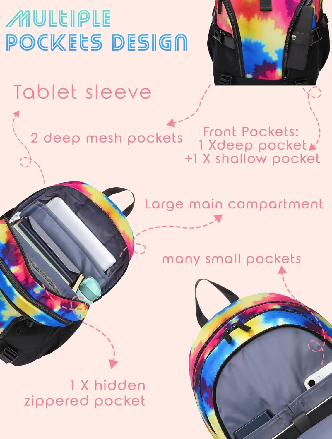 BLUEFAIRY Tie-Dye Backpack for Girls Middle School Bookbag for Kids 18 Inch Childs Book Bag Teens Elementary School Back Pack with Laptop Compartment Side Pockets Buckles XL