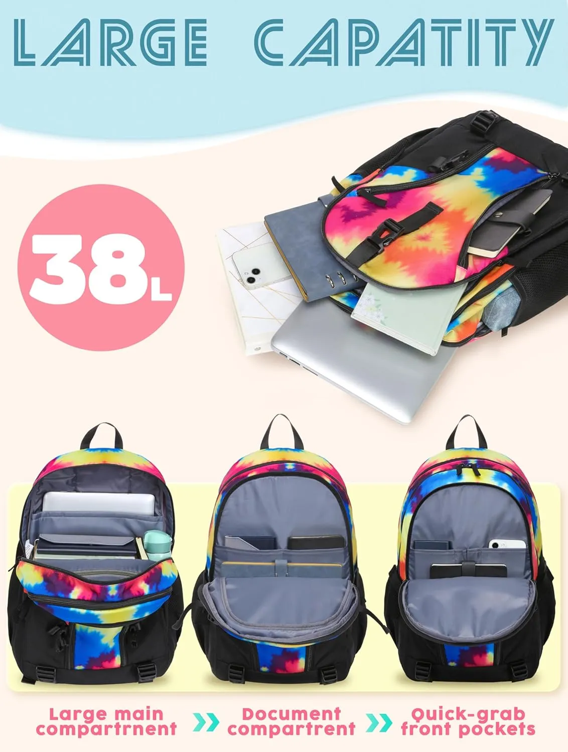 BLUEFAIRY Tie-Dye Backpack for Girls Middle School Bookbag for Kids 18 Inch Childs Book Bag Teens Elementary School Back Pack with Laptop Compartment Side Pockets Buckles XL