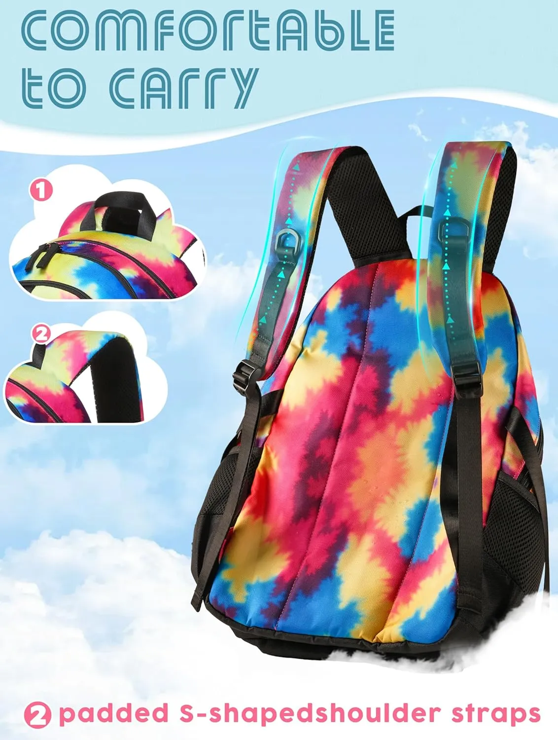 BLUEFAIRY Tie-Dye Backpack for Girls Middle School Bookbag for Kids 18 Inch Childs Book Bag Teens Elementary School Back Pack with Laptop Compartment Side Pockets Buckles XL