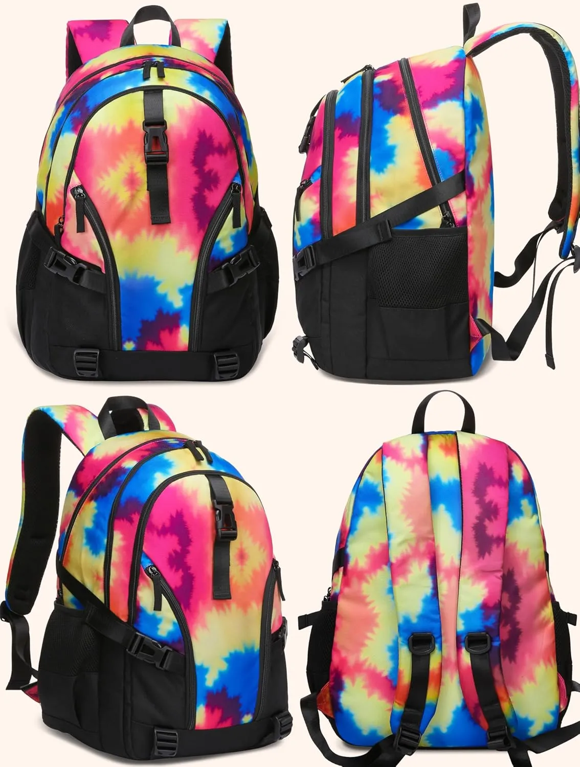 BLUEFAIRY Tie-Dye Backpack for Girls Middle School Bookbag for Kids 18 Inch Childs Book Bag Teens Elementary School Back Pack with Laptop Compartment Side Pockets Buckles XL