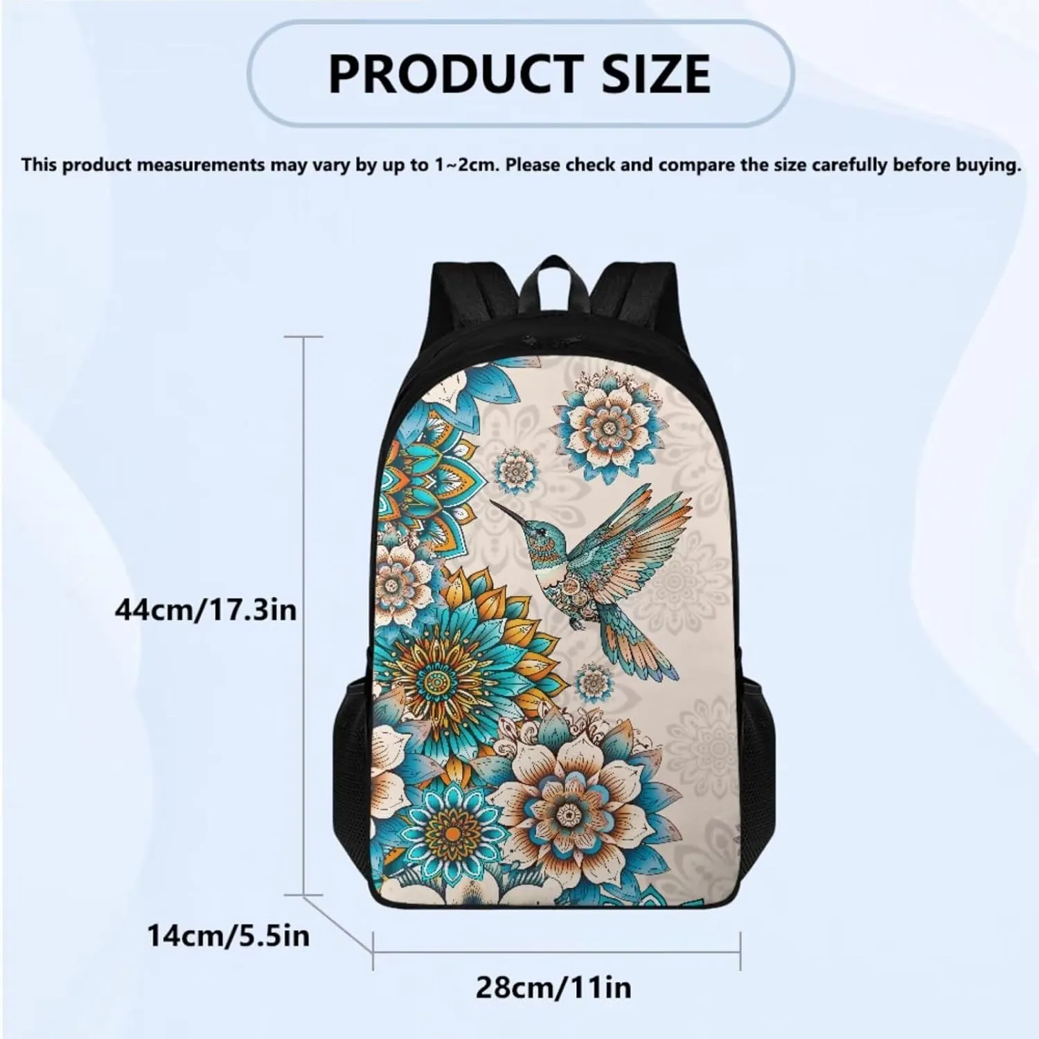Boho Flower Hummingbird Large School Backpack for Girls 10-12 6th Grade Kids Bookbag Ages 8-12 Teens with Lunch Box 17 inch Schoolbag for Primary Elementary Middle School