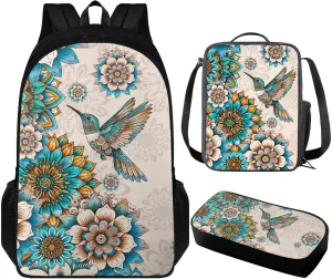 Boho Flower Hummingbird Large School Backpack for Girls 10-12 6th Grade Kids Bookbag Ages 8-12 Teens with Lunch Box 17 inch Schoolbag for Primary Elementary Middle School