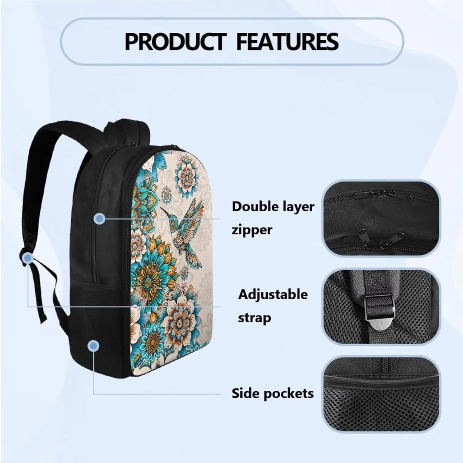 Boho Flower Hummingbird Large School Backpack for Girls 10-12 6th Grade Kids Bookbag Ages 8-12 Teens with Lunch Box 17 inch Schoolbag for Primary Elementary Middle School