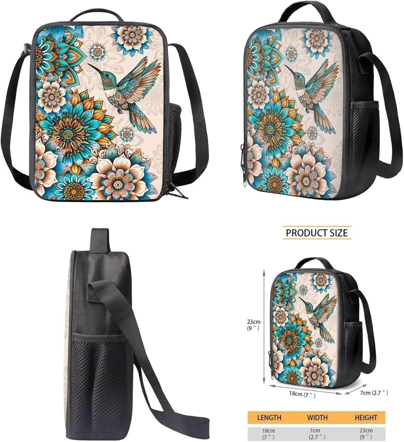 Boho Flower Hummingbird Large School Backpack for Girls 10-12 6th Grade Kids Bookbag Ages 8-12 Teens with Lunch Box 17 inch Schoolbag for Primary Elementary Middle School
