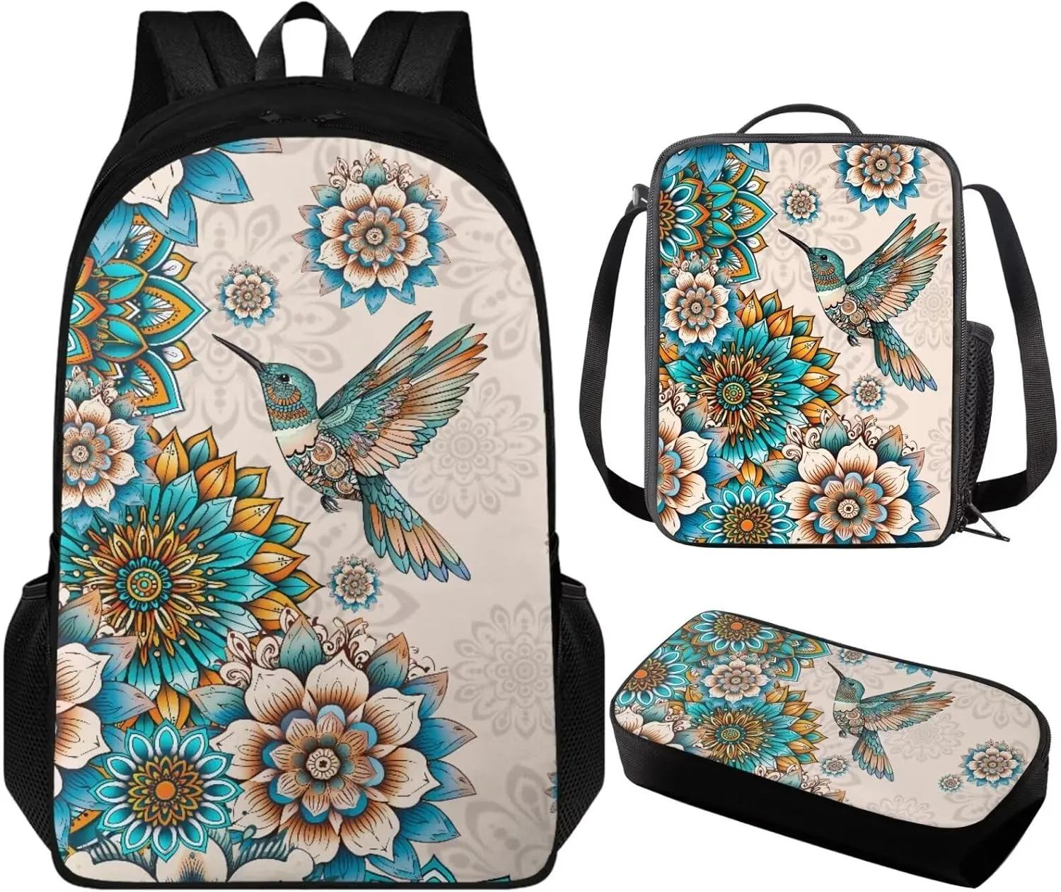 Boho Flower Hummingbird Large School Backpack for Girls 10-12 6th Grade Kids Bookbag Ages 8-12 Teens with Lunch Box 17 inch Schoolbag for Primary Elementary Middle School