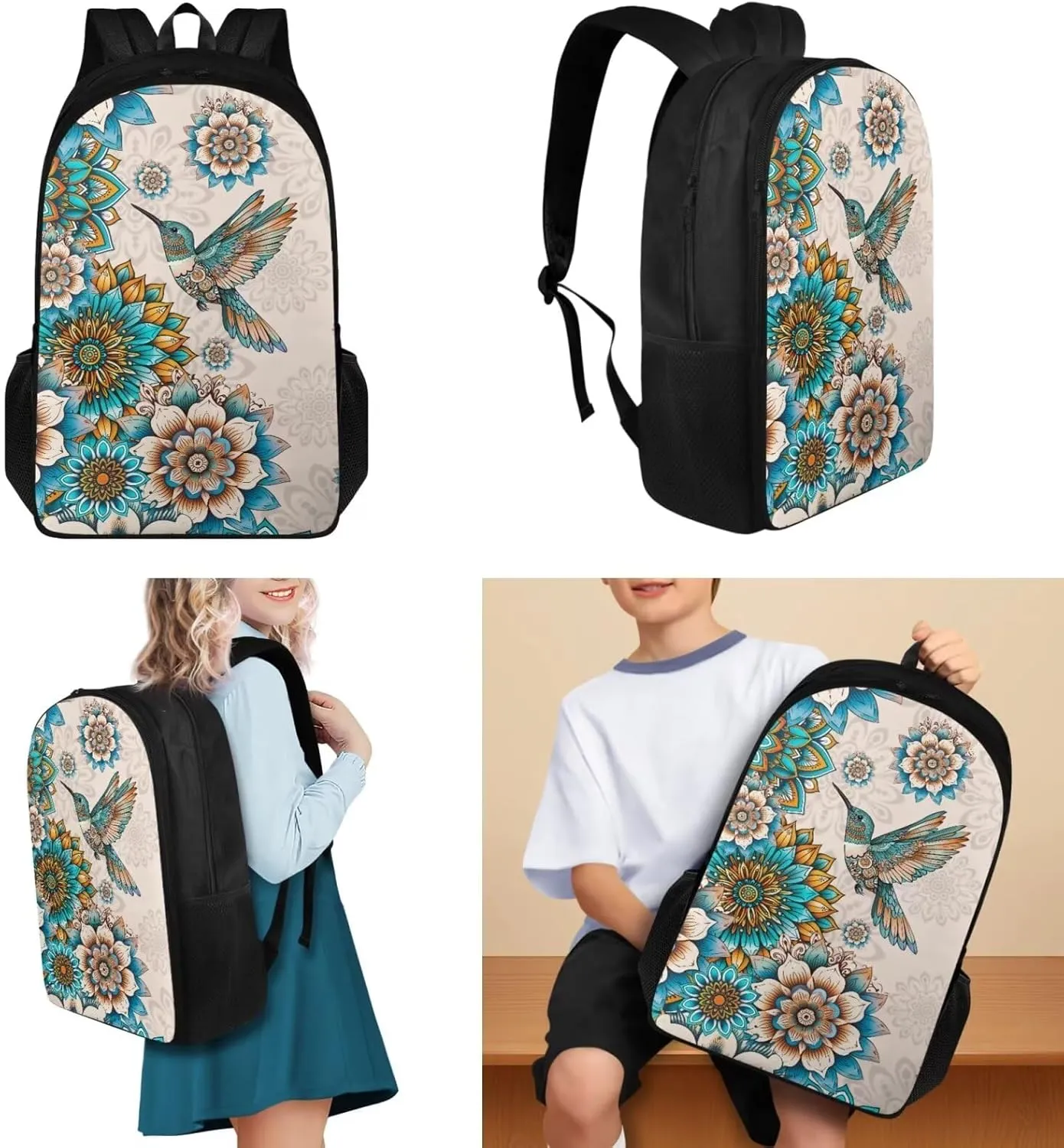 Boho Flower Hummingbird Large School Backpack for Girls 10-12 6th Grade Kids Bookbag Ages 8-12 Teens with Lunch Box 17 inch Schoolbag for Primary Elementary Middle School