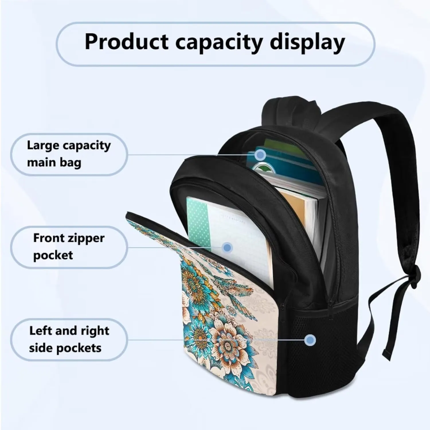 Boho Flower Hummingbird Large School Backpack for Girls 10-12 6th Grade Kids Bookbag Ages 8-12 Teens with Lunch Box 17 inch Schoolbag for Primary Elementary Middle School