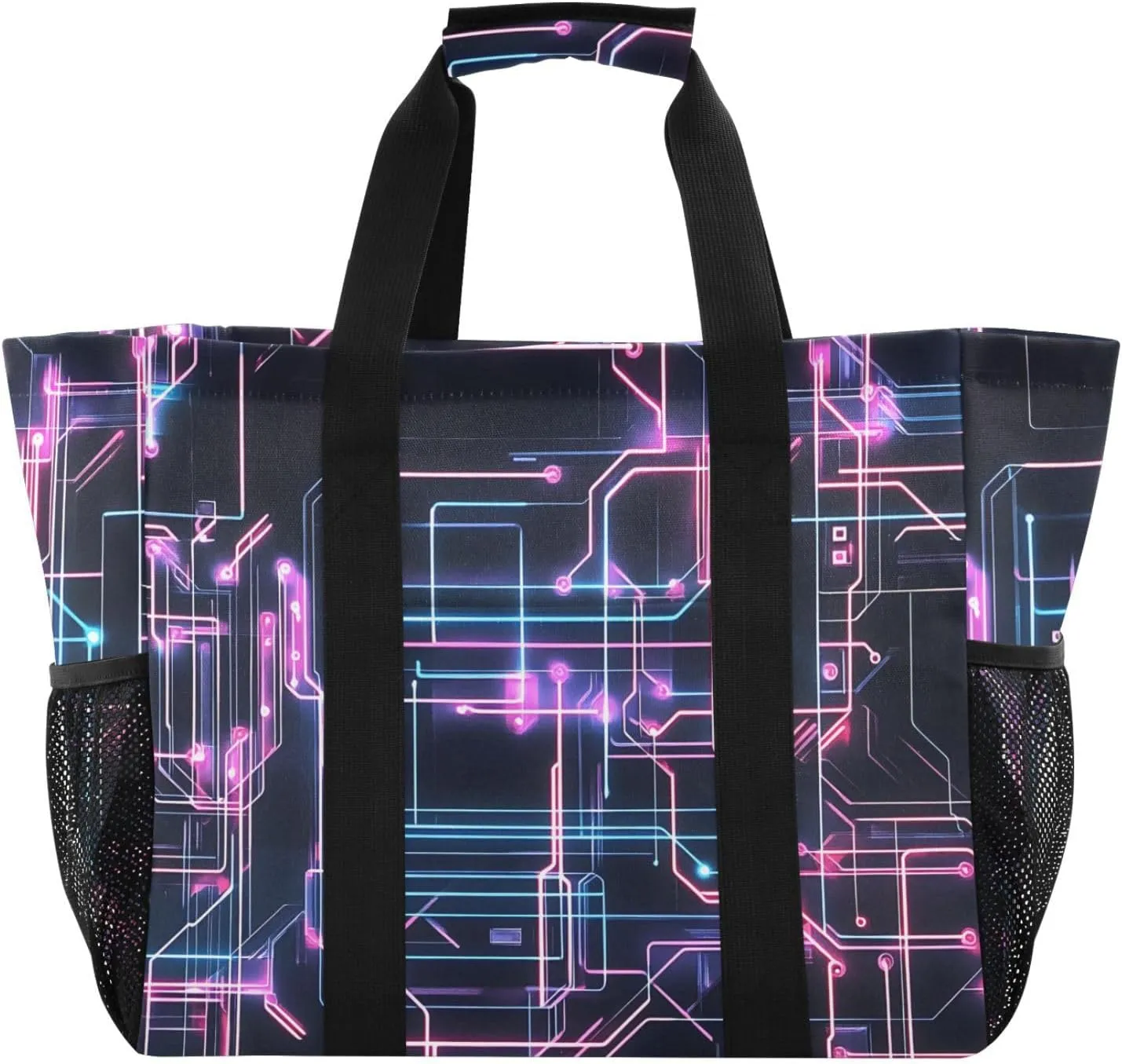 Bolaz Travel Tote Bag，Gym Bag for Men,Waterproof Beach Bag for Women Foldable Reusable-Powder Blue Circuit Board Pattern