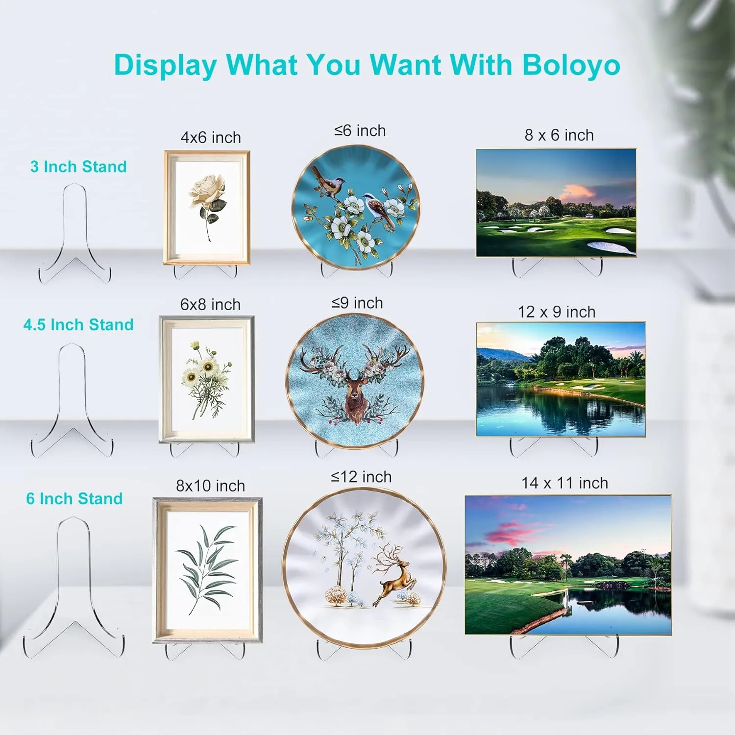 Boloyo 60-Degree Angle Acrylic Plate Display Stand , 6 Inch 5PC Clear Acrylic Display Holder Easel Base for Home Office Kitchen School Art Display