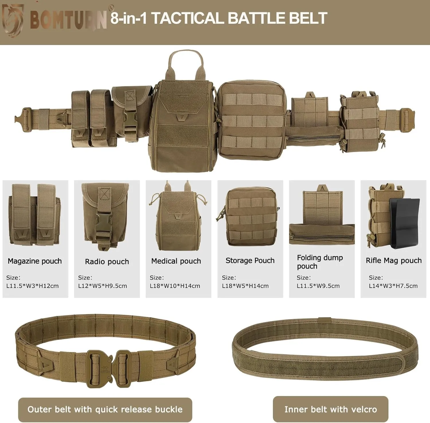 BOMTURN Tactical Battle Belt with Pouches Accessories Law Enforcement Duty Combat Military Utility Police Belt 8ps
