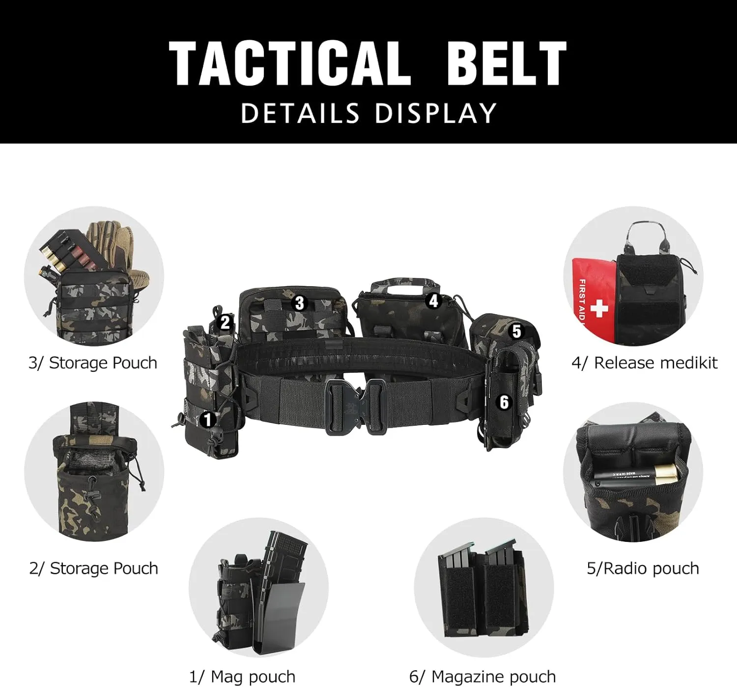 BOMTURN Tactical Battle Belt with Pouches Accessories Law Enforcement Duty Combat Military Utility Police Belt 8ps