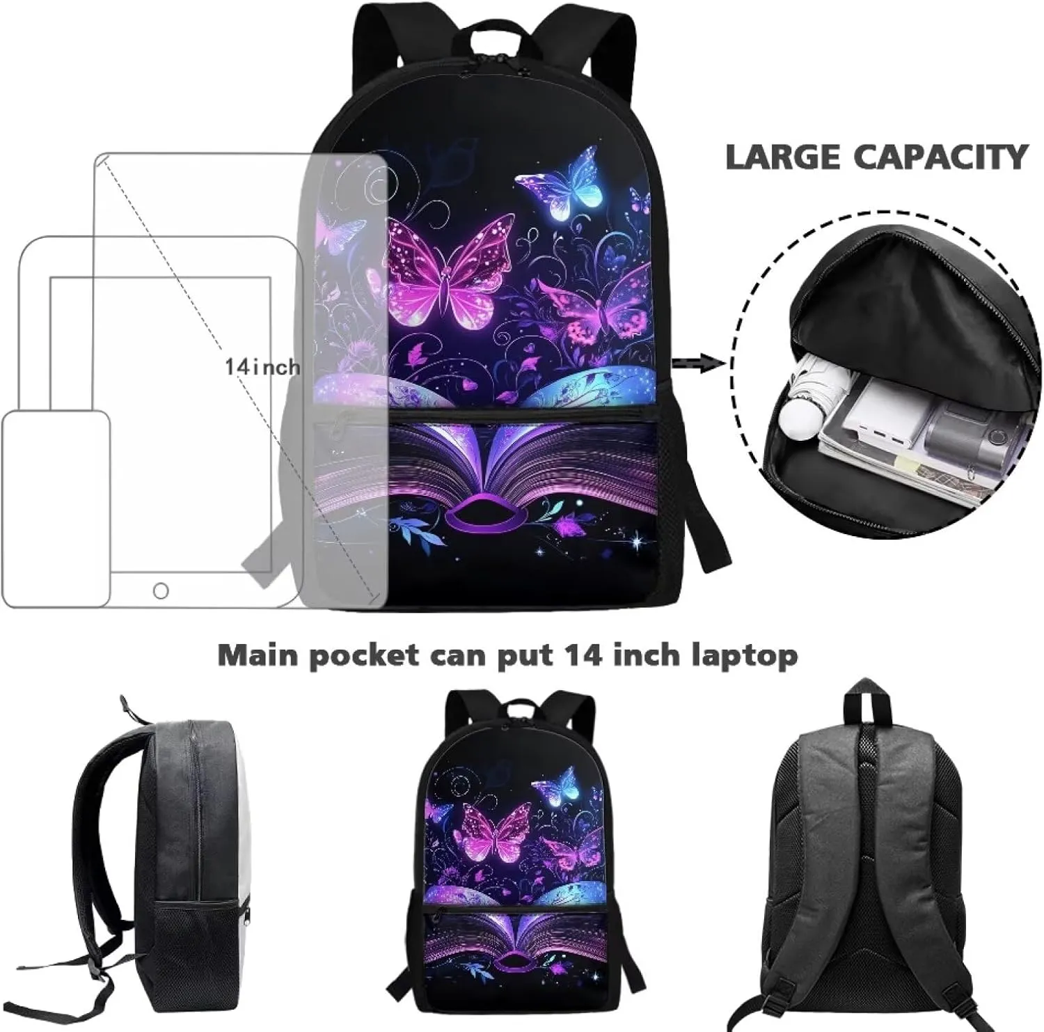 Book Butterfly Backpack for Girls 14-16 Kids Backpack17inch Student Backpack for Teenagers Teens Backpack Travel Primary School Backpack for School Travel Sports Camping