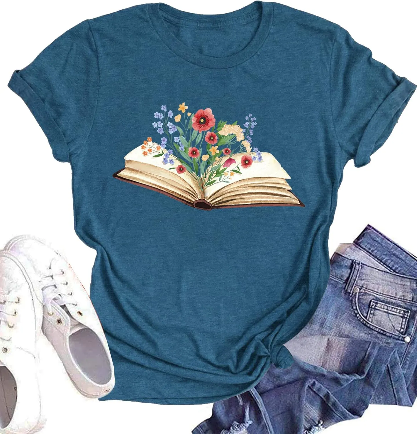 Book Lover Shirts Women Teacher T Shirt Funny Wildflowers Book Reading Graphic Casual Teacher Gift Tops