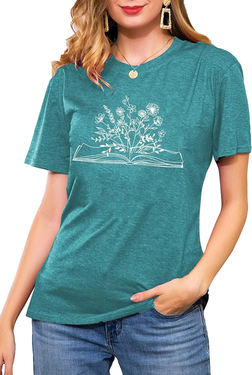 Book Lover Shirts Women Teacher T Shirt Funny Wildflowers Book Reading Graphic Casual Teacher Gift Tops