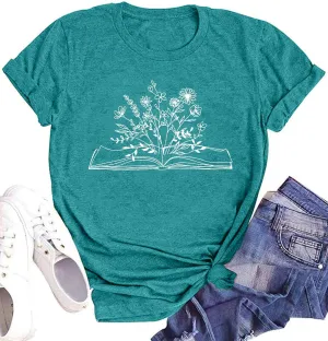 Book Lover Shirts Women Teacher T Shirt Funny Wildflowers Book Reading Graphic Casual Teacher Gift Tops