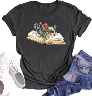 Book Lover Shirts Women Teacher T Shirt Funny Wildflowers Book Reading Graphic Casual Teacher Gift Tops