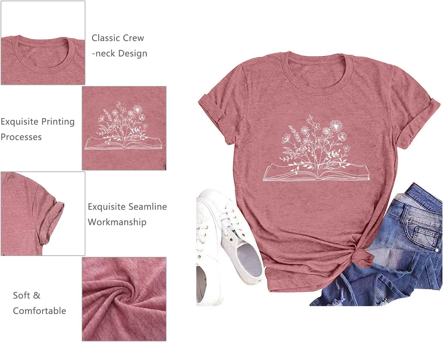 Book Lover Shirts Women Teacher T Shirt Funny Wildflowers Book Reading Graphic Casual Teacher Gift Tops