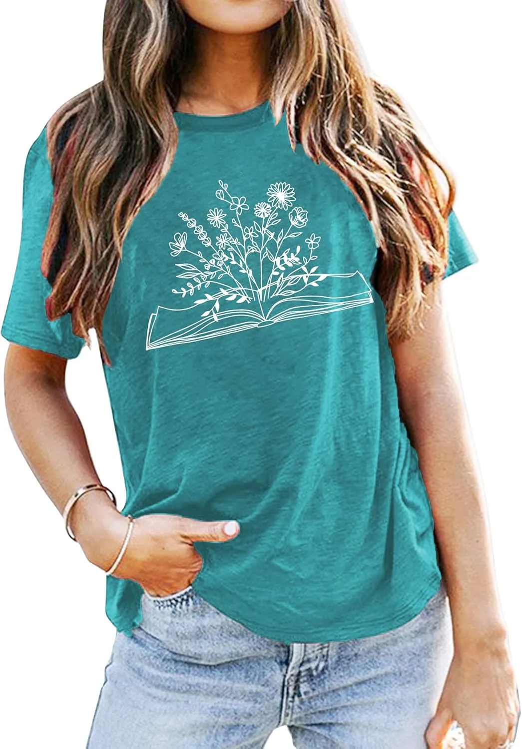 Book Lover Shirts Women Teacher T Shirt Funny Wildflowers Book Reading Graphic Casual Teacher Gift Tops