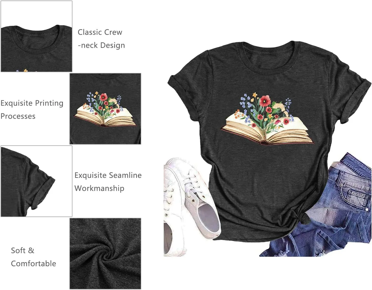 Book Lover Shirts Women Teacher T Shirt Funny Wildflowers Book Reading Graphic Casual Teacher Gift Tops