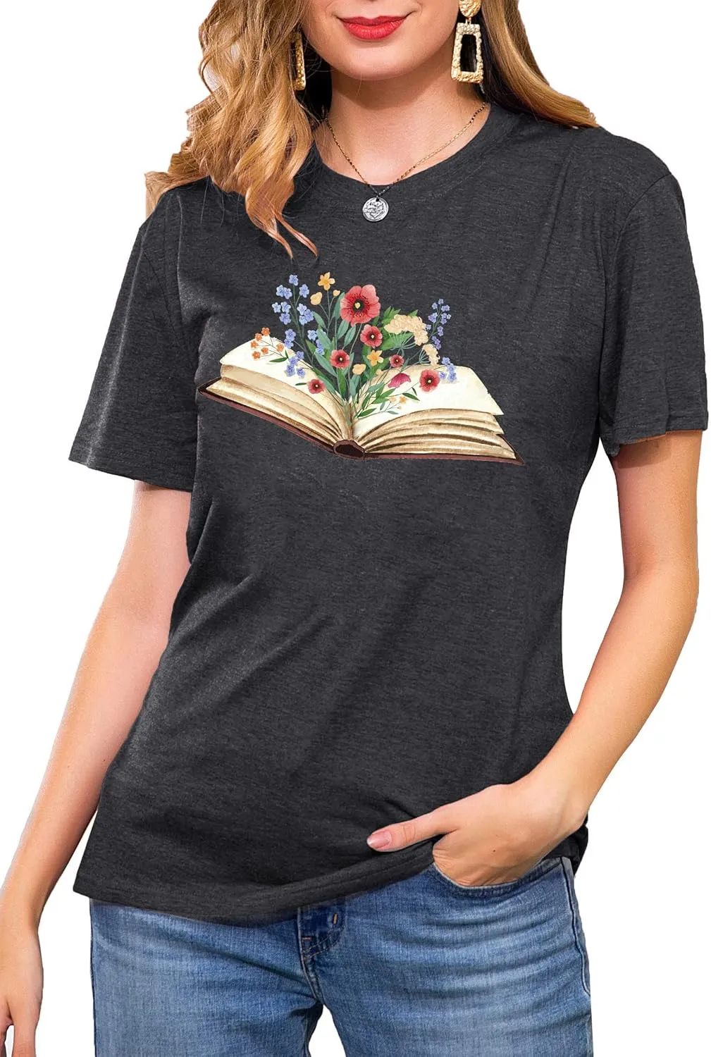 Book Lover Shirts Women Teacher T Shirt Funny Wildflowers Book Reading Graphic Casual Teacher Gift Tops