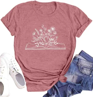Book Lover Shirts Women Teacher T Shirt Funny Wildflowers Book Reading Graphic Casual Teacher Gift Tops