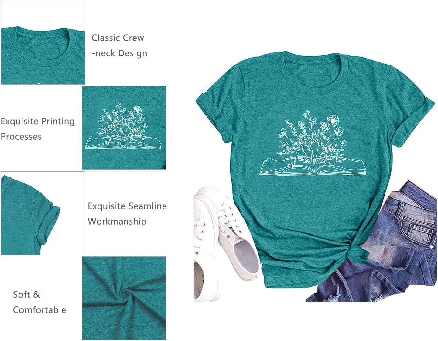 Book Lover Shirts Women Teacher T Shirt Funny Wildflowers Book Reading Graphic Casual Teacher Gift Tops