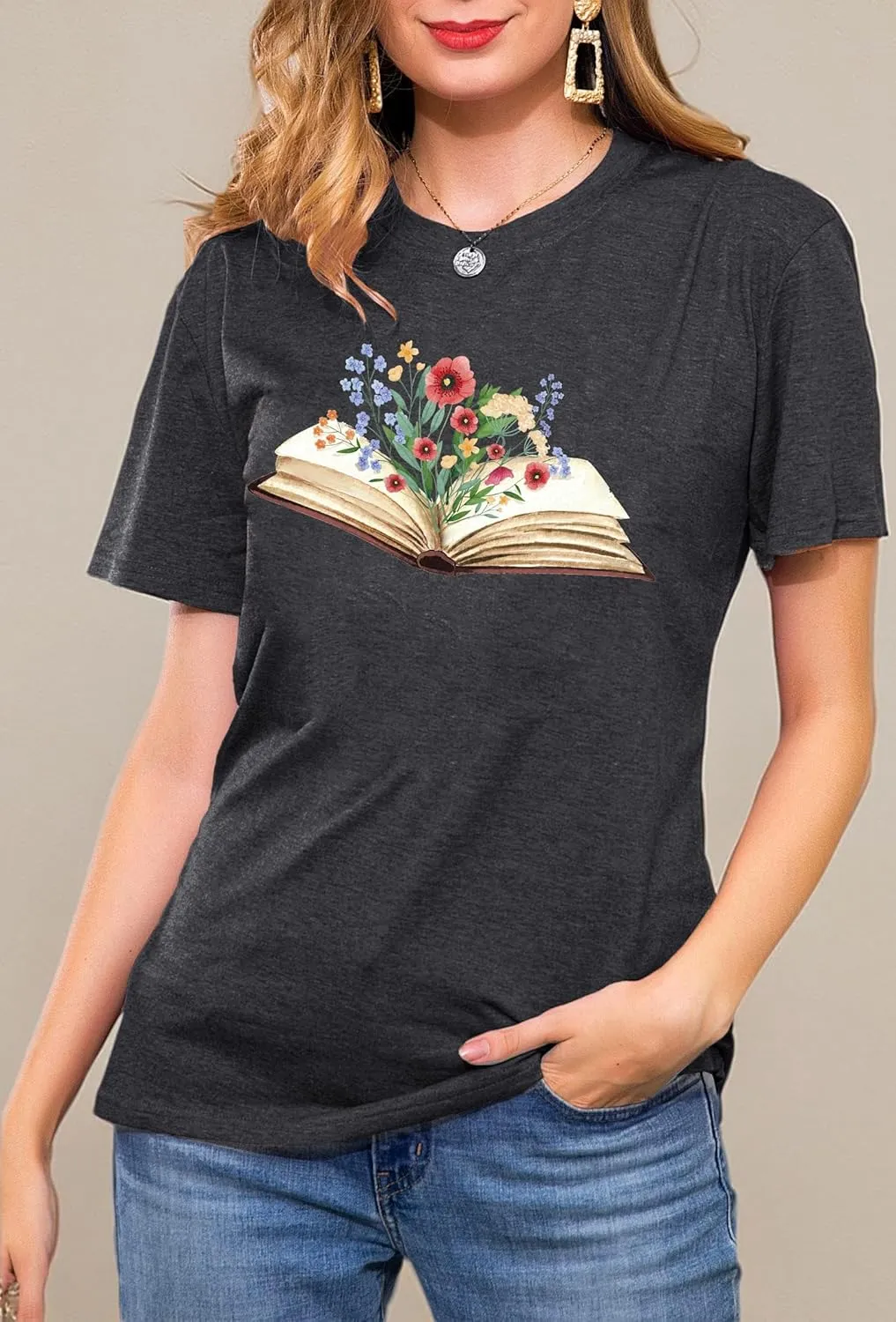 Book Lover Shirts Women Teacher T Shirt Funny Wildflowers Book Reading Graphic Casual Teacher Gift Tops