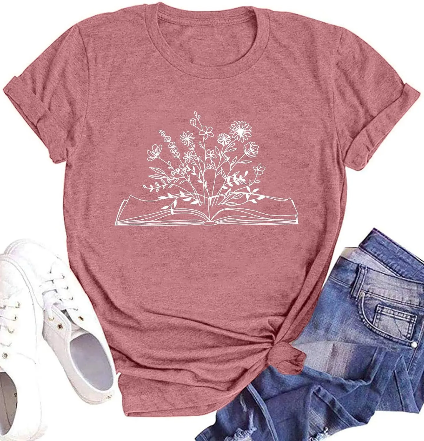 Book Lover Shirts Women Teacher T Shirt Funny Wildflowers Book Reading Graphic Casual Teacher Gift Tops