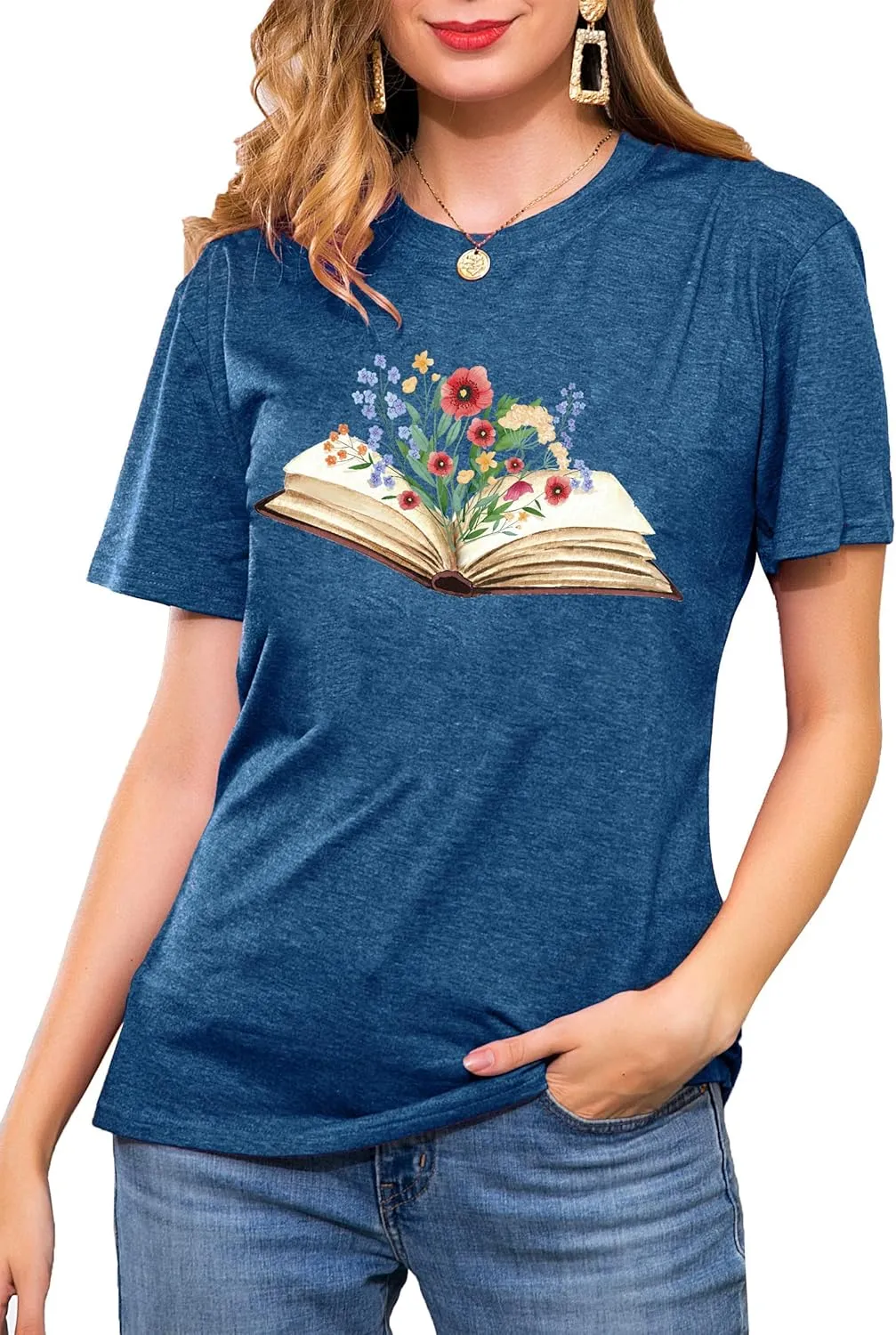 Book Lover Shirts Women Teacher T Shirt Funny Wildflowers Book Reading Graphic Casual Teacher Gift Tops