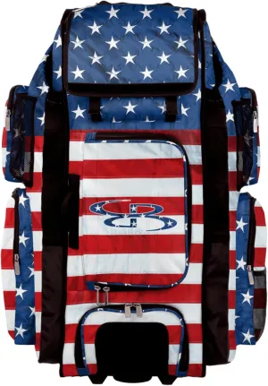 Boombah Superpack XL Rolling Bat Bag - 36" x 16" x 23.5" - Telescopic Handle - Holds 8 Bats - Wheeled Version - USA Flag Royal Blue/Red/White