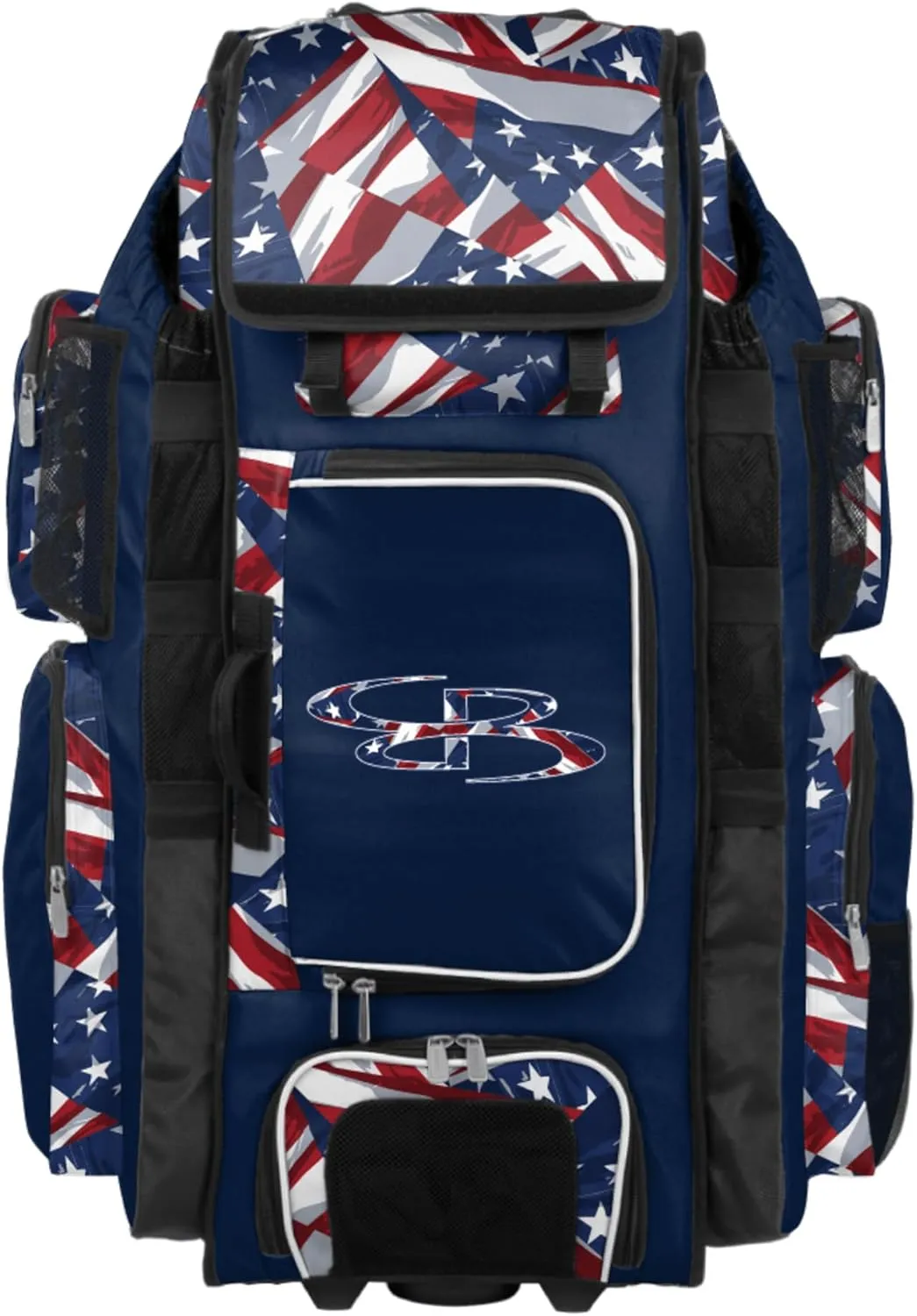 Boombah Superpack XL Rolling Bat Bag - 36" x 16" x 23.5" - Telescopic Handle - Holds 8 Bats - Wheeled Version - USA Independence Navy/Red/White