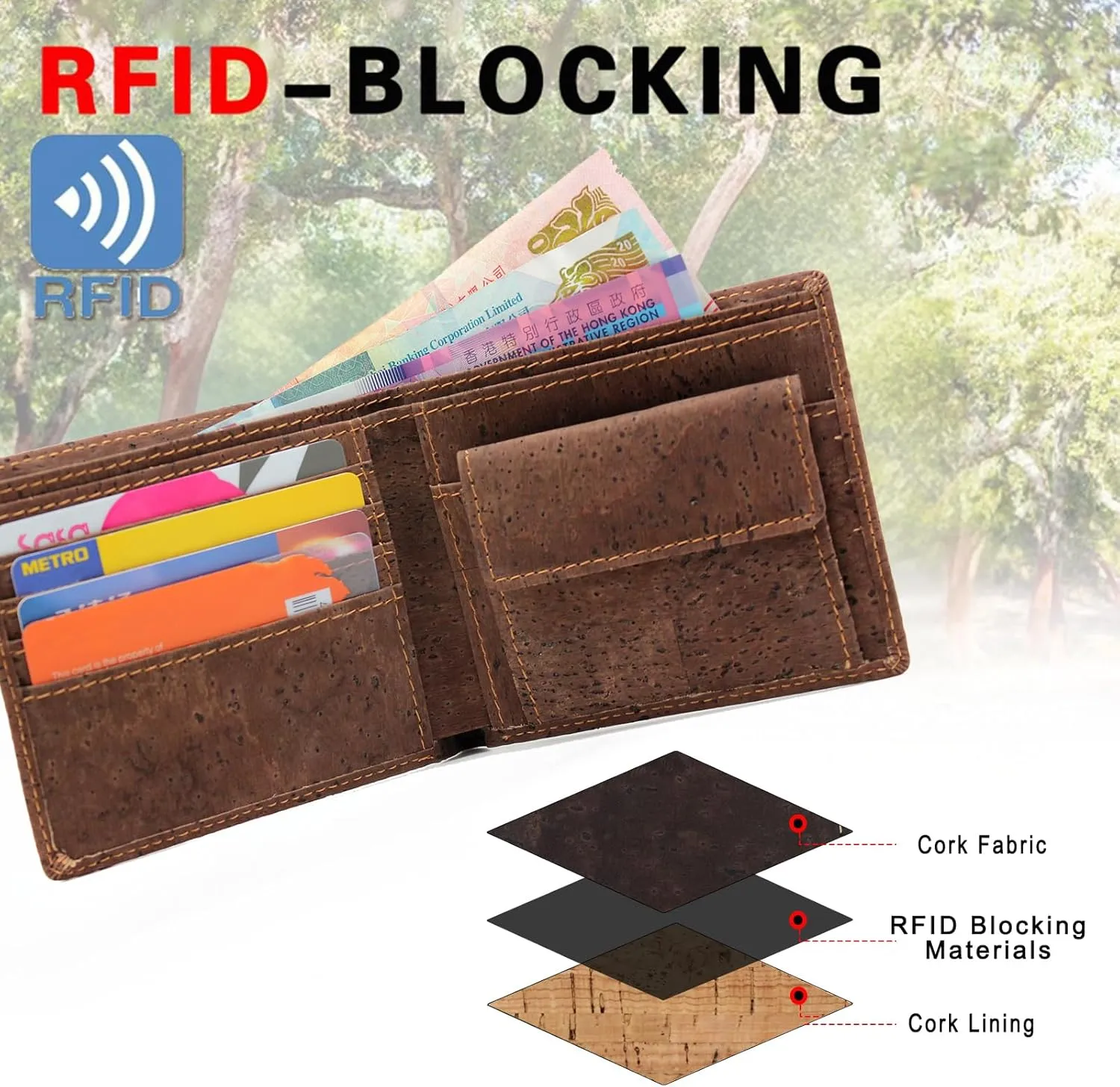 boshiho RFID Blocking Cork Wallet, Slim Bifold Vegan Coin Purse Eco Friendly Gift for Men and Women (Dark Brown)