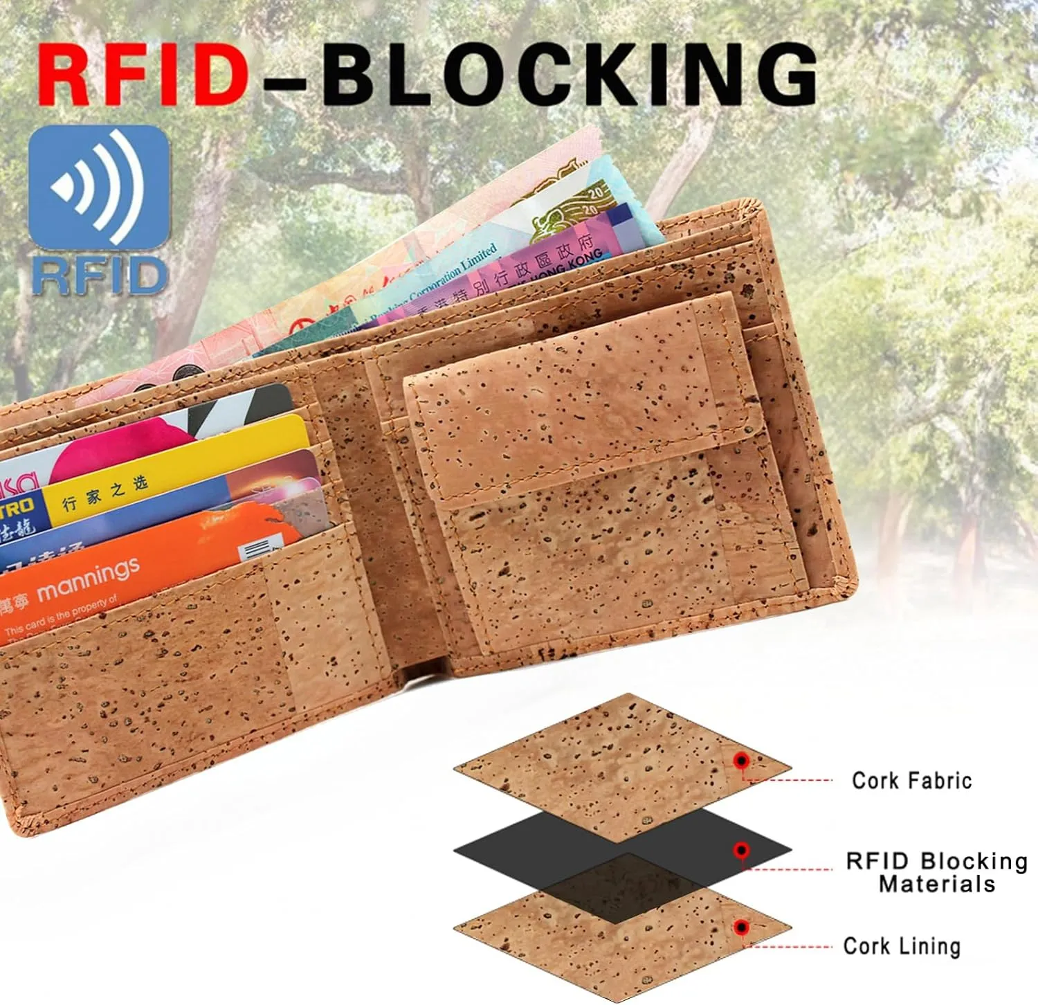 boshiho RFID Blocking Cork Wallet, Slim Bifold Vegan Coin Purse Eco Friendly Gift for Men and Women (Tan)