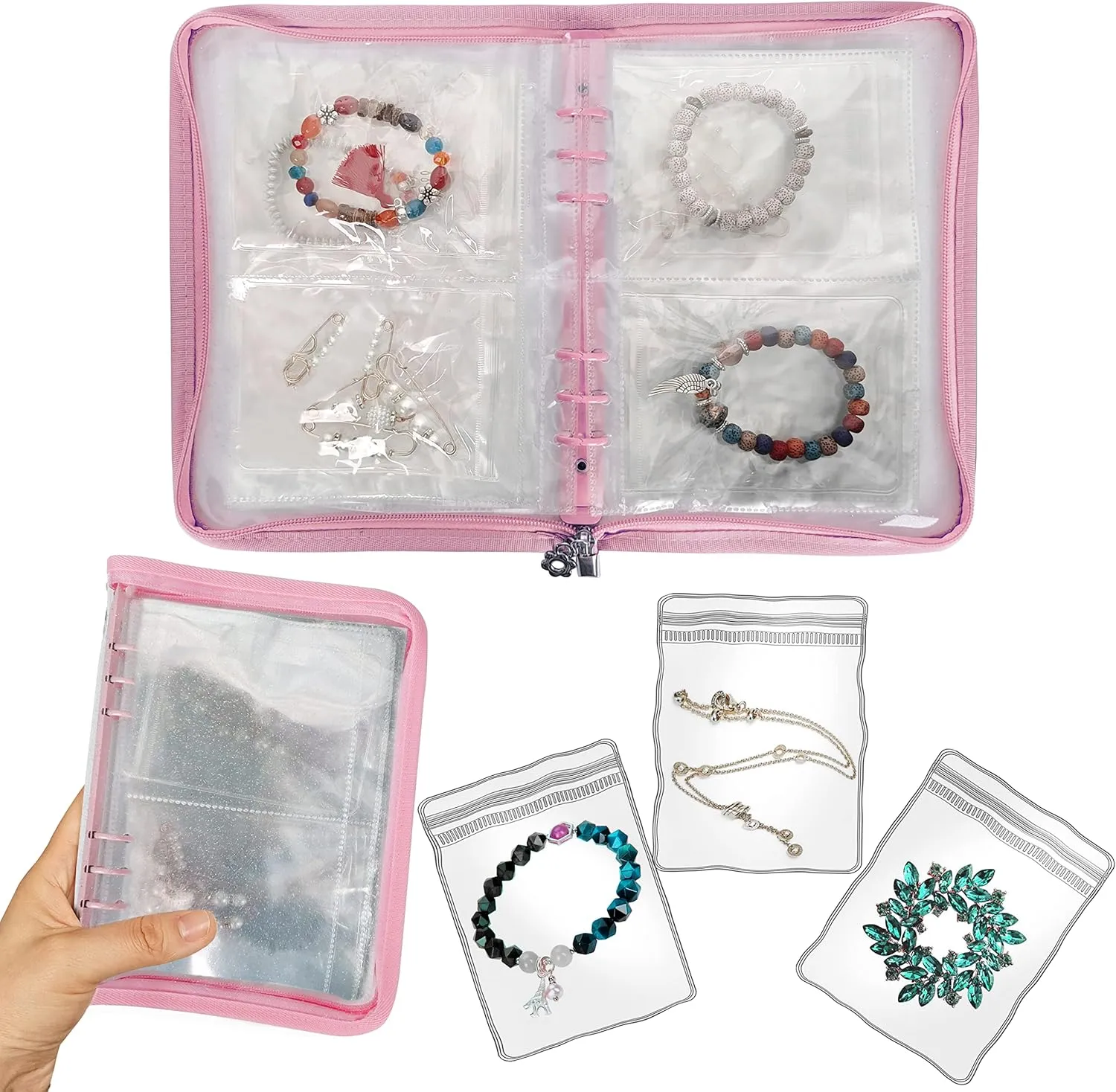 Bracelet Holder Travel Jewelry Organizer Case Transparent Jewelry Storage Book for Earring Necklace Ring with Small Clear Zippered Pouch