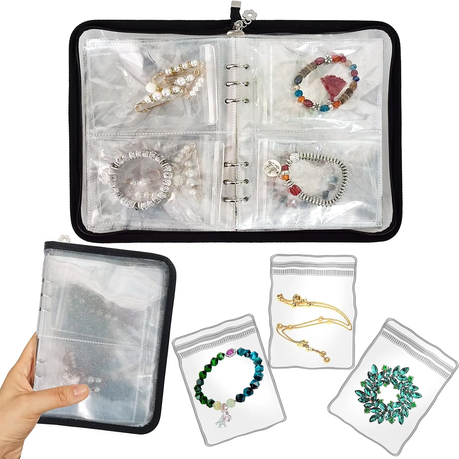 Bracelet Holder Travel Jewelry Organizer Case Transparent Jewelry Storage Book for Earring Necklace Ring with Small Clear Zippered Pouch