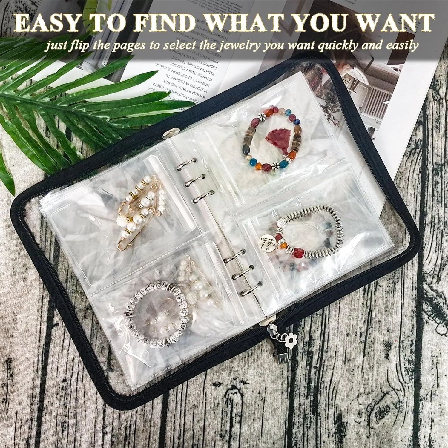 Bracelet Holder Travel Jewelry Organizer Case Transparent Jewelry Storage Book for Earring Necklace Ring with Small Clear Zippered Pouch