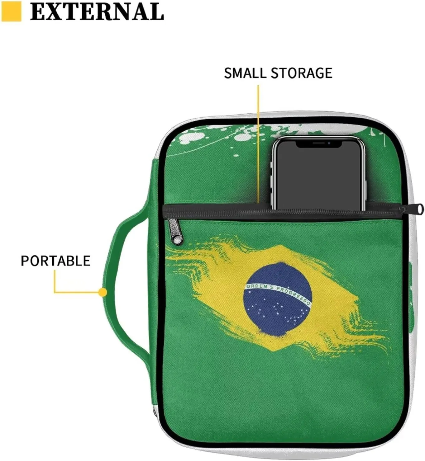 Brazil Flag Bible Cover Bag with Handle Pockets Tote Carrying Book Durable Protective Handbag Pouch
