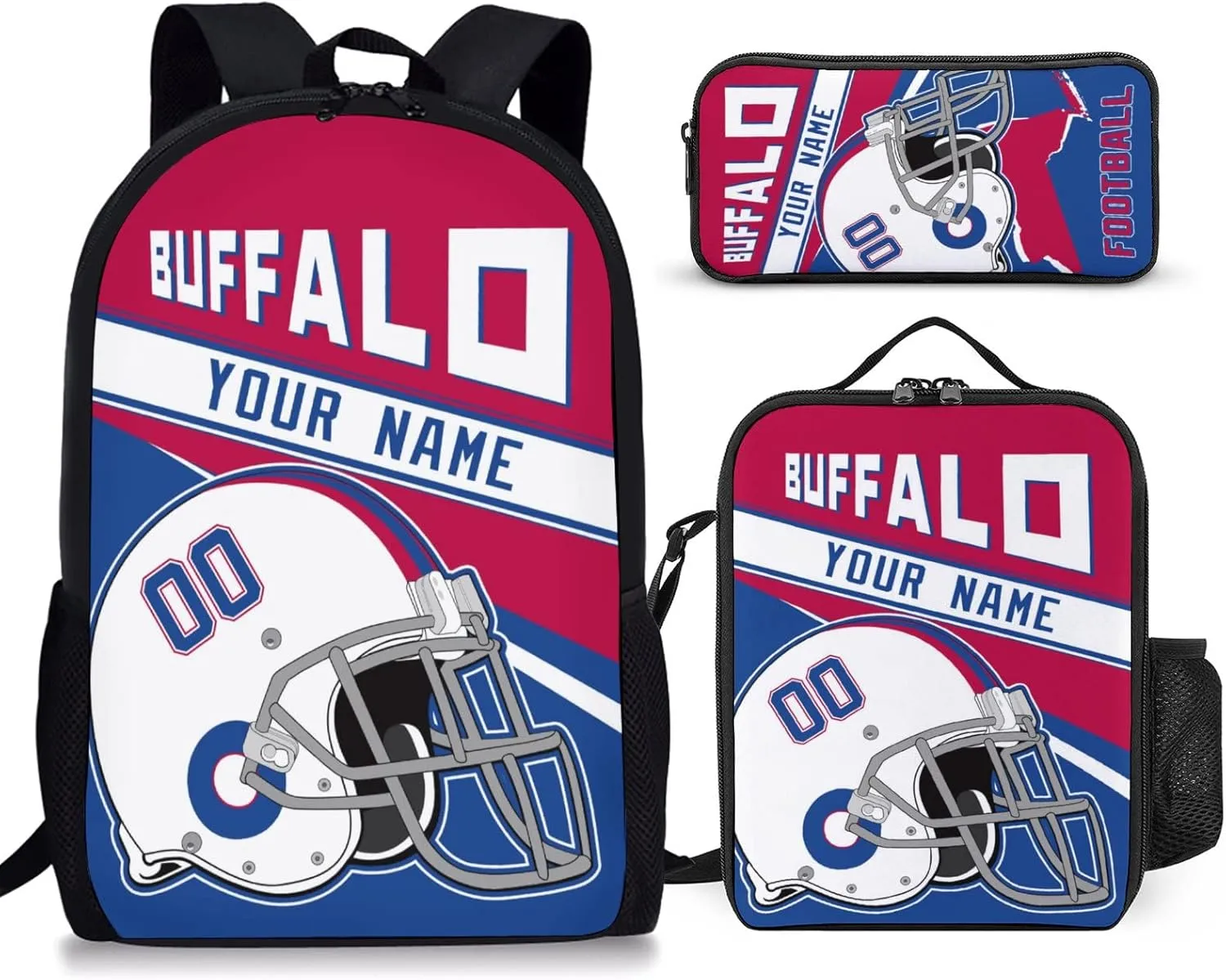 Buffalo Custom Football Backpack 3 Piece Set Add Your Name And Nume School Bag with Lunch Box and Pen Case Set Gift for Boys Girls