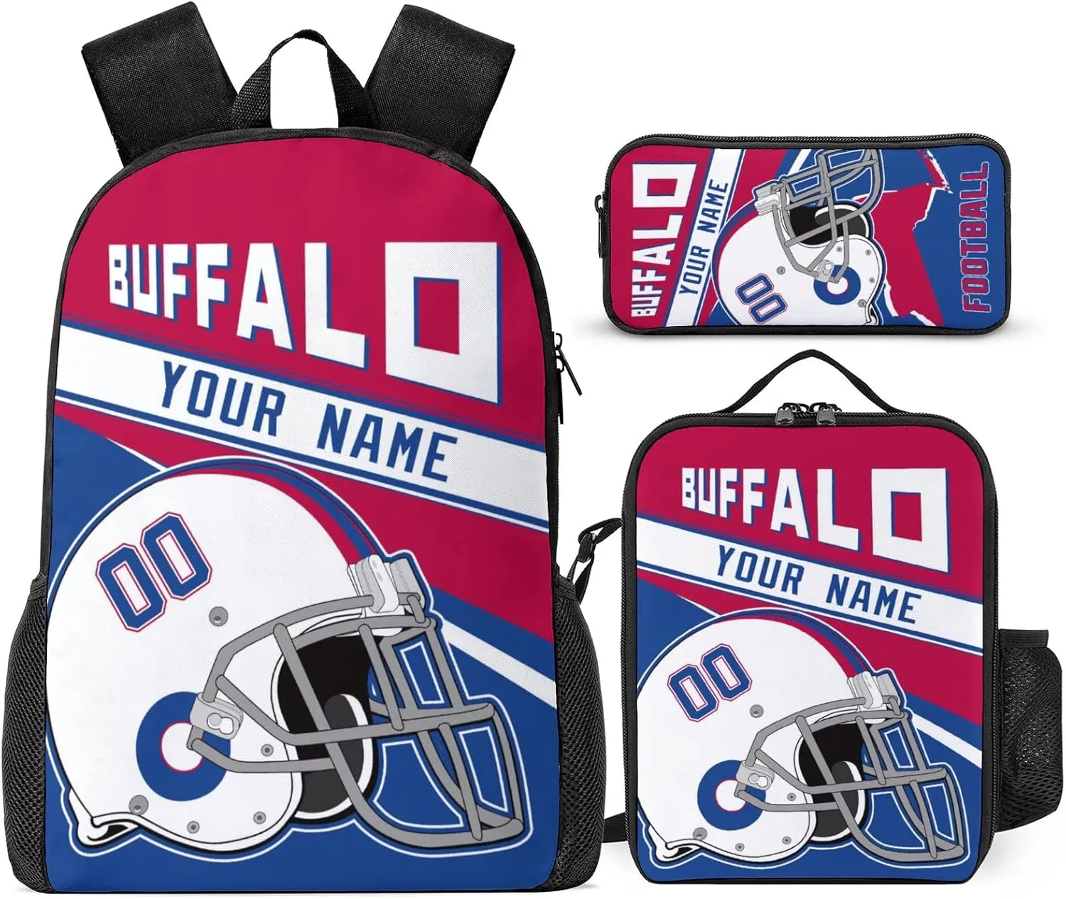 Buffalo Custom Football Backpack 3 Piece Set Add Your Name And Nume School Bag with Lunch Box and Pen Case Set Gift for Boys Girls