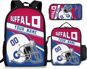 Buffalo Custom Football Backpack 3 Piece Set Add Your Name And Nume School Bag with Lunch Box and Pen Case Set Gift for Boys Girls