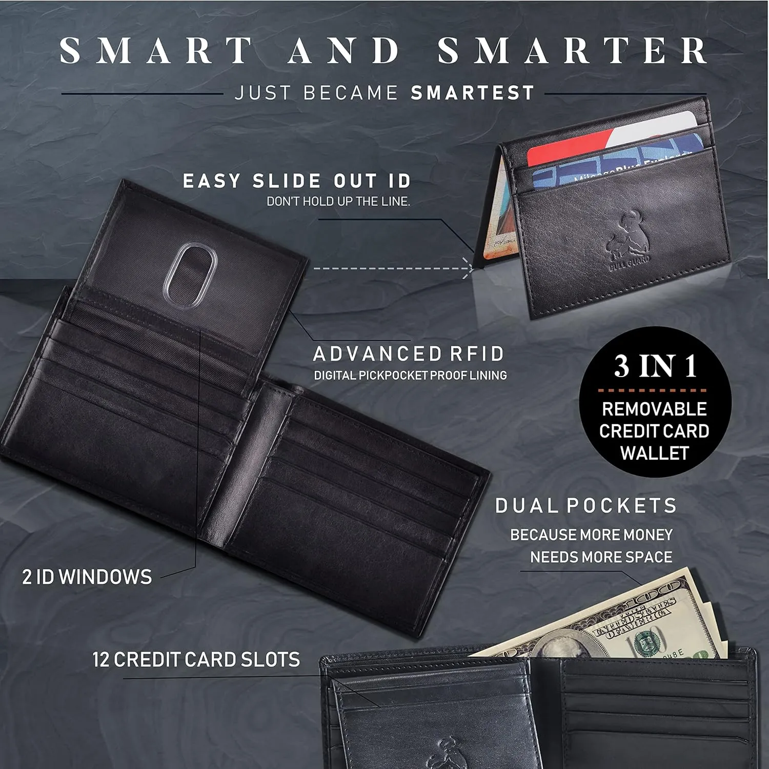 BULL GUARD Rfid Leather Wallet | The Respected Gentlemans Bifold Slim for Men | Travel Secure RFID Blocking | Mens Full Grain Leather Wallet with Removable ID Credit Card Holder