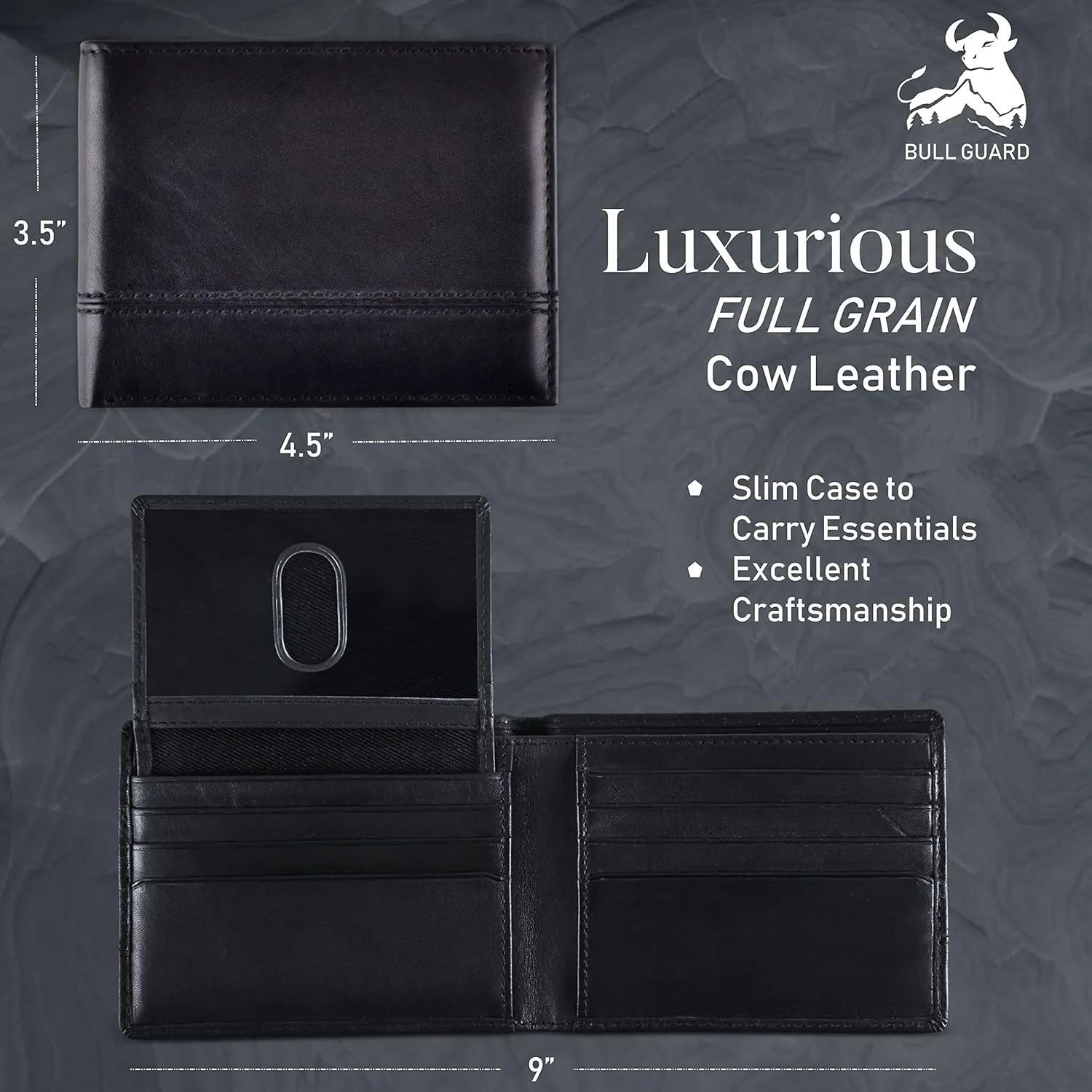 BULL GUARD Rfid Leather Wallet | The Respected Gentlemans Bifold Slim for Men | Travel Secure RFID Blocking | Mens Full Grain Leather Wallet with Removable ID Credit Card Holder