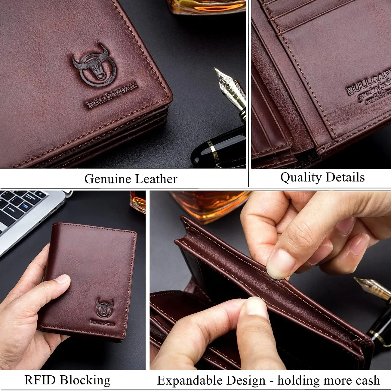 BULLCAPTAIN Large Capacity Genuine Leather Bifold Wallet/Credit Card Holder for Men with 15 Card Slots QB-027