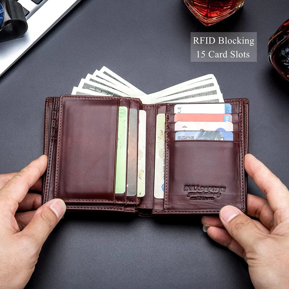 BULLCAPTAIN Large Capacity Genuine Leather Bifold Wallet/Credit Card Holder for Men with 15 Card Slots QB-027