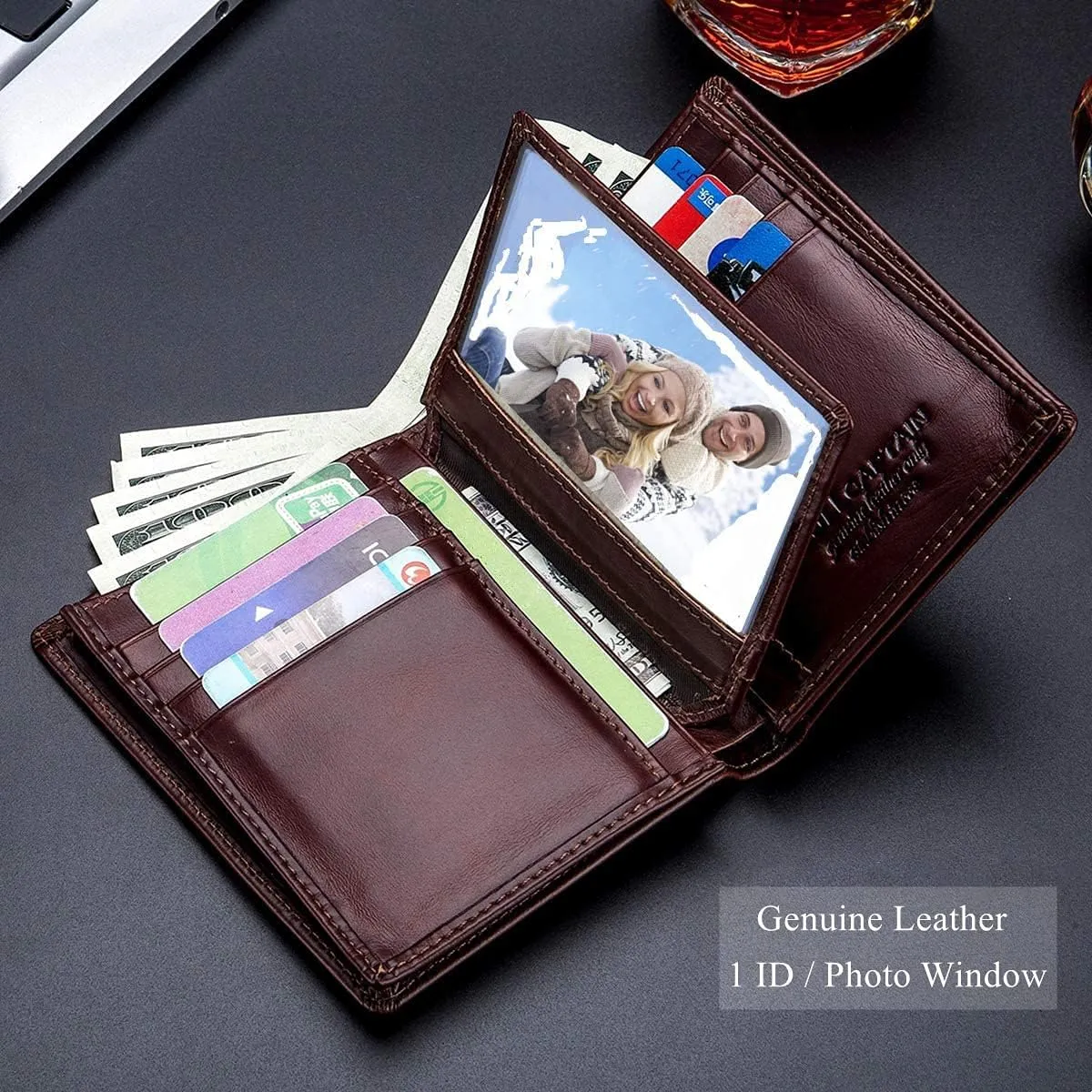 BULLCAPTAIN Large Capacity Genuine Leather Bifold Wallet/Credit Card Holder for Men with 15 Card Slots QB-027